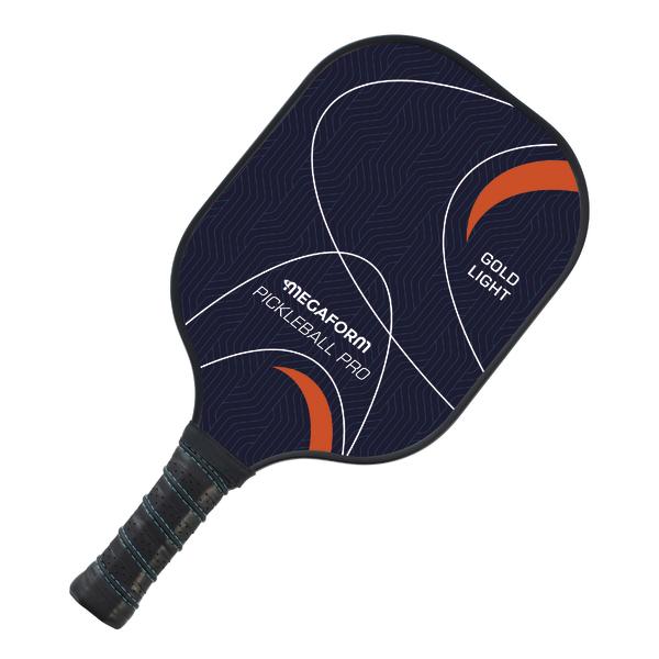 Moderner Pickleball-Schläger "Megaform Pickleball Pro Gold Light" in Dunkelblau mit orange-weißen Akzenten.