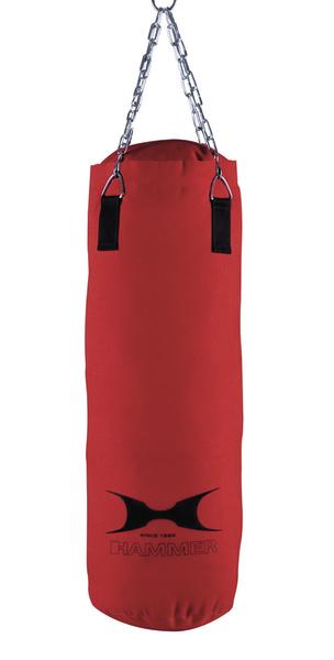 Roter Boxsack mit Metallketten zum Aufhängen, geeignet für Kampfsport und Fitness.