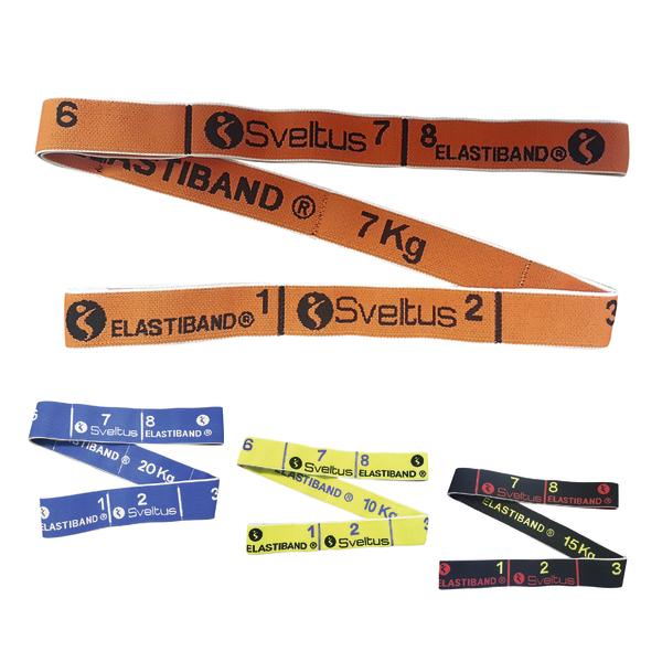 Verschiedene farbige Sveltus Elastibänder mit unterschiedlichen Widerstandsstufen und Kilogrammangaben.