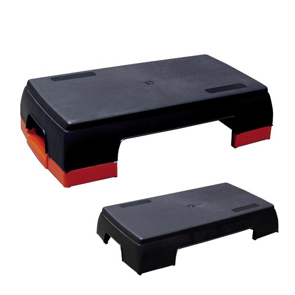 Verstellbare Step-Aerobic-Plattform in Schwarz und Rot für Fitnessübungen.