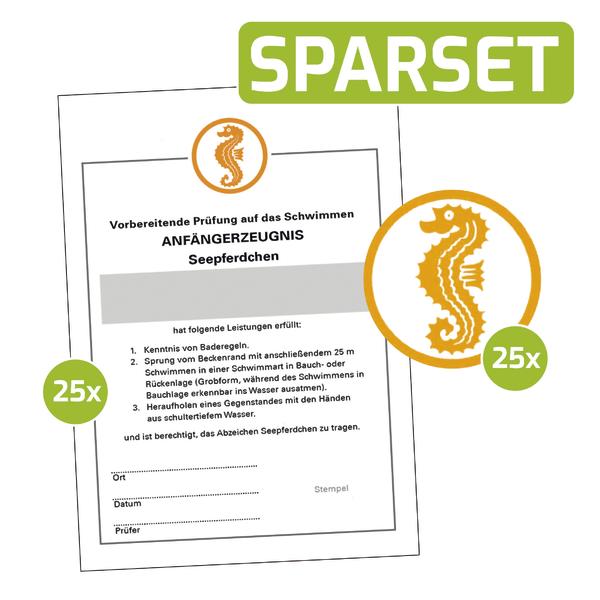 Sparset mit 25 Schwimm-Anfängerzeugnissen "Seepferdchen" für Schwimmprüfungen.