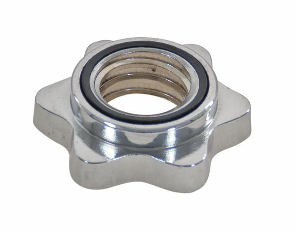 Verchromter Sternverschluss mit Gummidichtung für Kurzhantelstange, isoliert auf weißem Hintergrund.