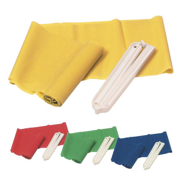 Mehrfarbige Widerstands-Trainingsbänder mit Kunststoffhalter für Fitnessübungen.