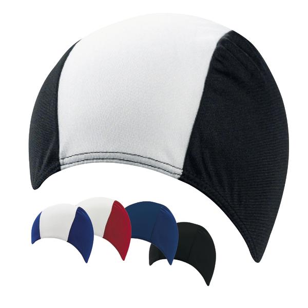 Schwimmkappe aus Stoff in Schwarz-Weiß, weitere Farben Blau, Rot, Schwarz verfügbar.