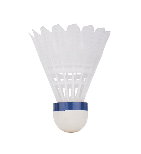 Badminton Federball mit weißem Kunststoffkorb und blauem Band, isoliert auf weißem Hintergrund