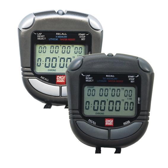 Zwei digitale Stoppuhren in Schwarz und Silber mit LCD-Display und Multifunktionstasten.