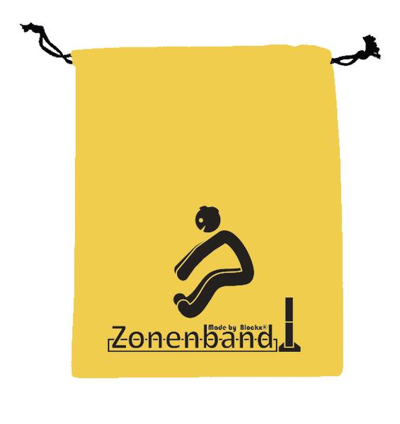 Gelber Beutel mit schwarzem Zonenband-Logo und Kordelzugverschluss für Aufbewahrung.