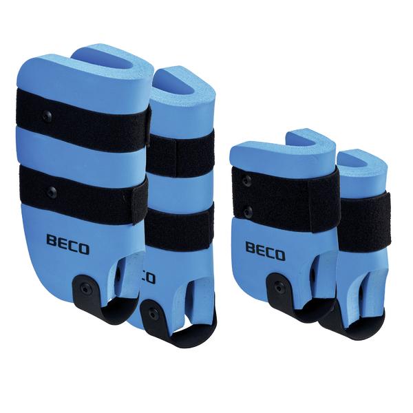 Blaue Schwimmhilfen mit schwarzen Klettverschlüssen für Arme und Beine, Marke BECO.