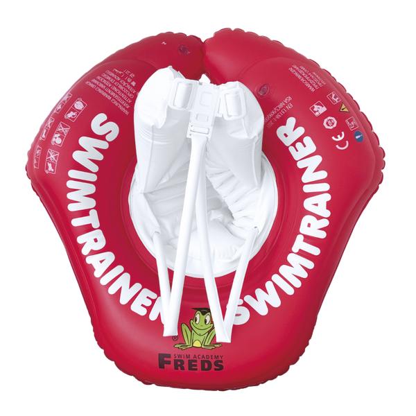 Rosa aufblasbarer Schwimmtrainer mit Sitz und Gurten vor weißem Hintergrund.