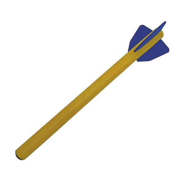 Zwei blaue Wurfstöcke mit roten Flossen und Spitzen, Marke Spondas, auf weißem Hintergrund.