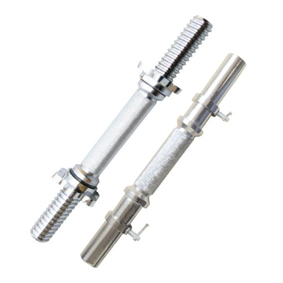 Kurzhantelstangen aus Metall mit Gewinde und Sicherungsverschlüssen für Fitnessübungen.