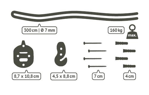 Kletterausrüstung mit 300 cm Seil, Haken, Schrauben und Befestigungsmaterial, Gewichtsangabe 160 kg.
