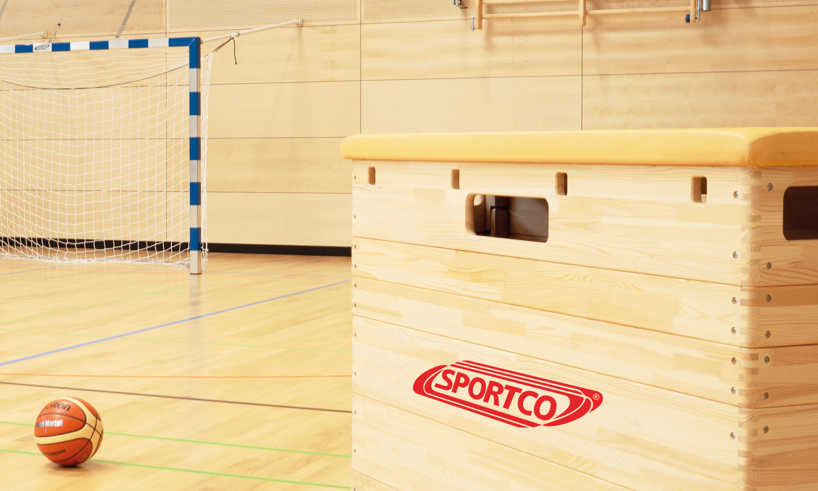 Helle Turnhalle mit blau-weißem Tor; im Vordergrund ein Basketball und ein Sprungkasten von Sportco.