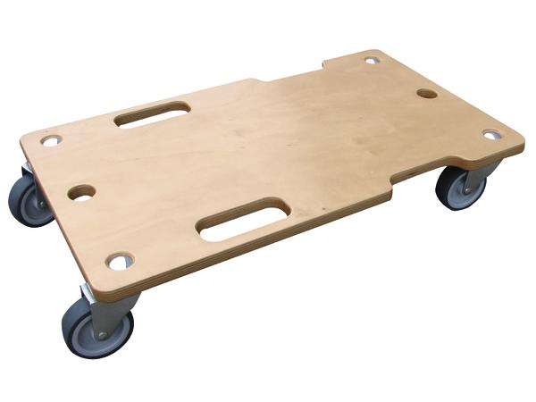 Robustes Holzbrett mit Griffen und vier Lenkrollen für einfachen Transport schwerer Lasten.
