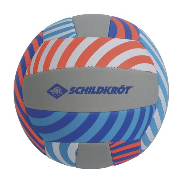 Volleyball mit buntem Streifenmuster und Schildkröt-Logo, Sportgerät für Volleyballspiele.