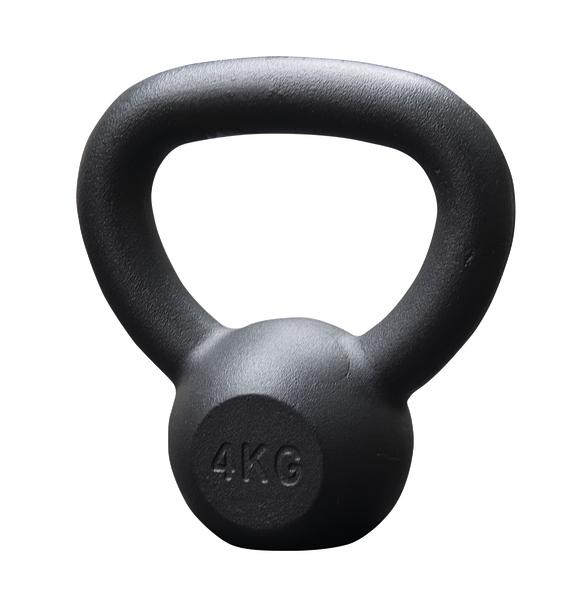 Schwarzer 4 kg Kettlebell aus Gusseisen für Krafttraining und Fitnessübungen.